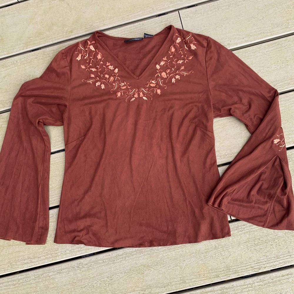 Western Top Split Long Sleeve Faux Suede Shirt Brown Womens S Embroidered V Neck